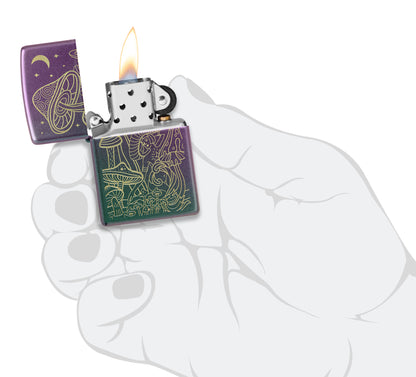 Zippo Laser Mushrooms Design Iridescent Windproof Lighter lit in hand.