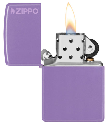 Zippo Classic Smoky Lavender Zippo Logo Windproof Lighter with its lid open and lit.