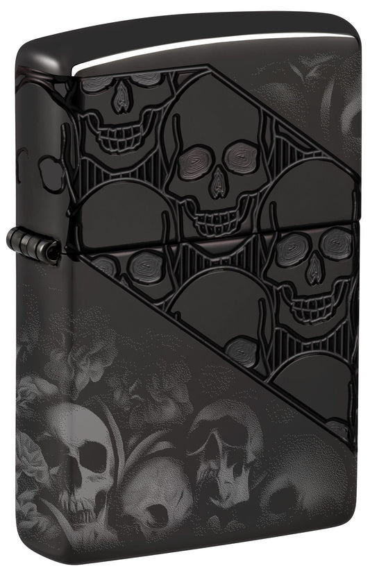 Front shot of Zippo Skull Collage Design Armor® High Polish Black Windproof Lighter standing at a 3/4 angle.