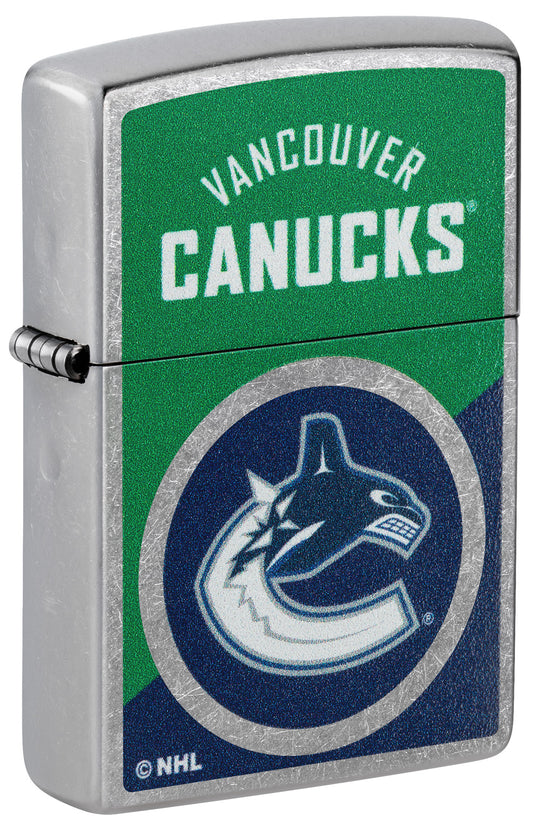 Front shot of Zippo NHL® Vancouver Canucks® 2024 Street Chrome™ Windproof Lighter standing at a 3/4 angle.