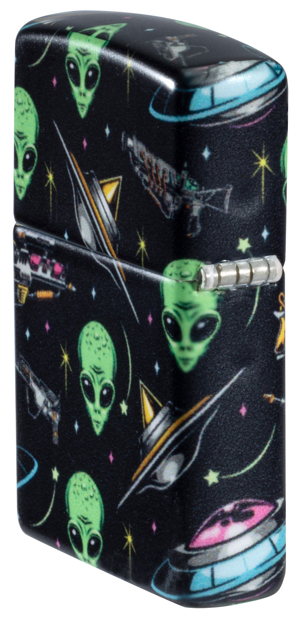 Angled shot of Zippo Alien Pattern Design 540 Matte Windproof Lighter showing the back and hinge sides of the lighter.