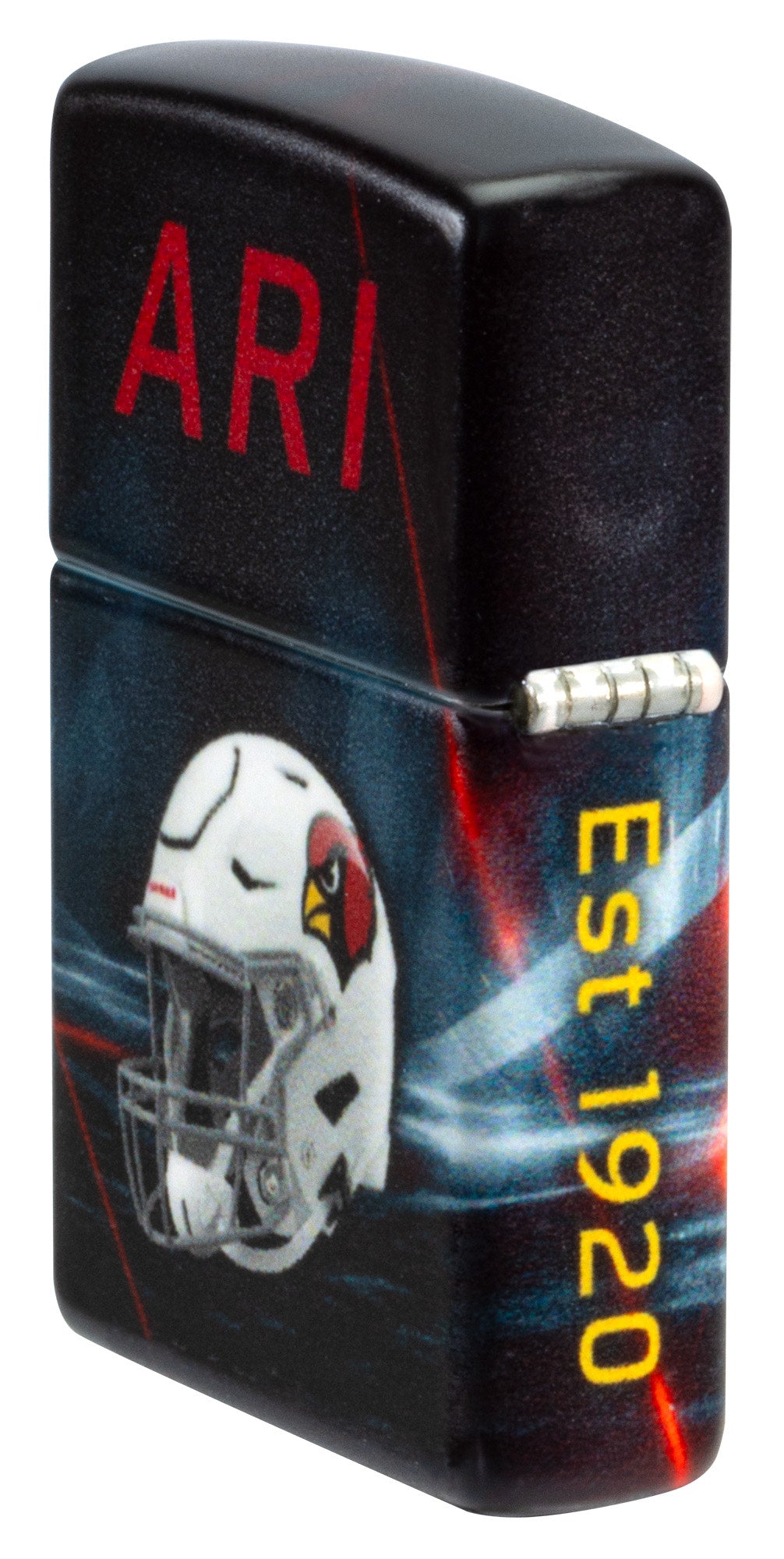 Angled shot of Zippo NFL Arizona Cardinals 540 Matte Windproof Lighter showing the back and hinge sides of the lighter.