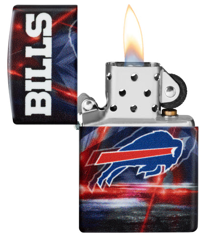 Zippo NFL Buffalo Bills 540 Matte Windproof Lighter with its lid open and lit.