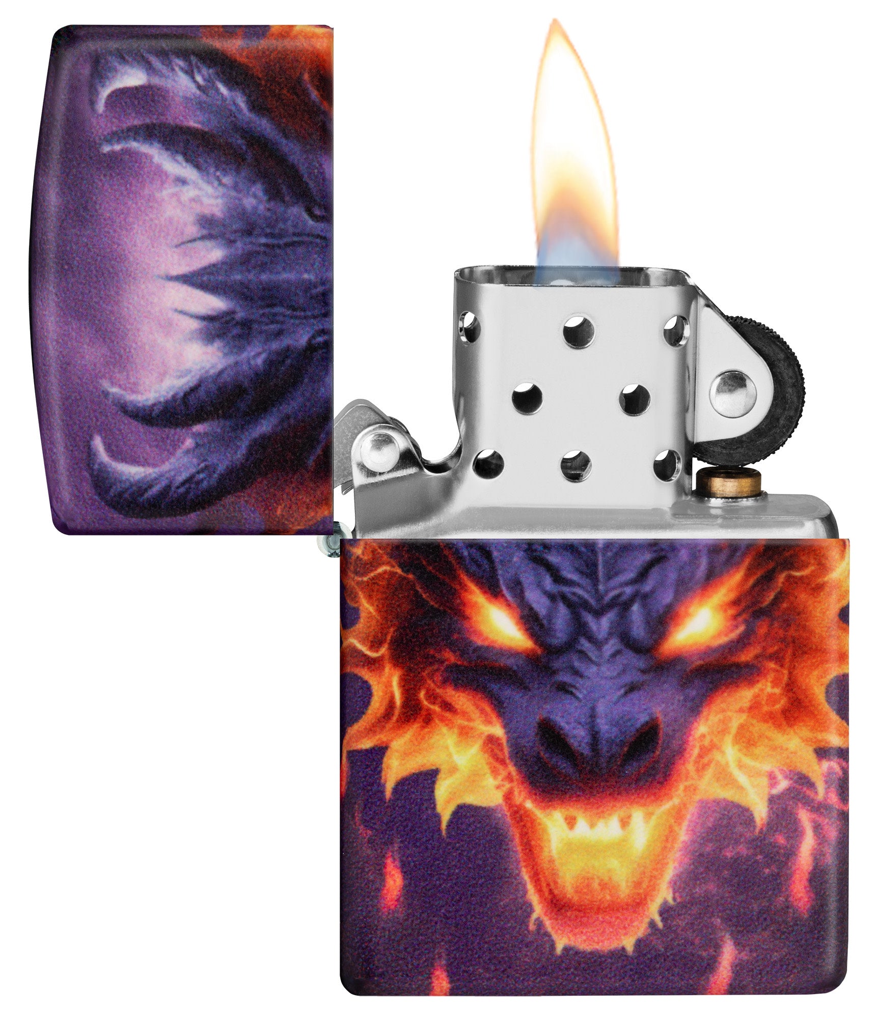 Zippo Glowing Dragon Design 540 Color Glow in the Dark Windproof Lighter with its lid open and lit.