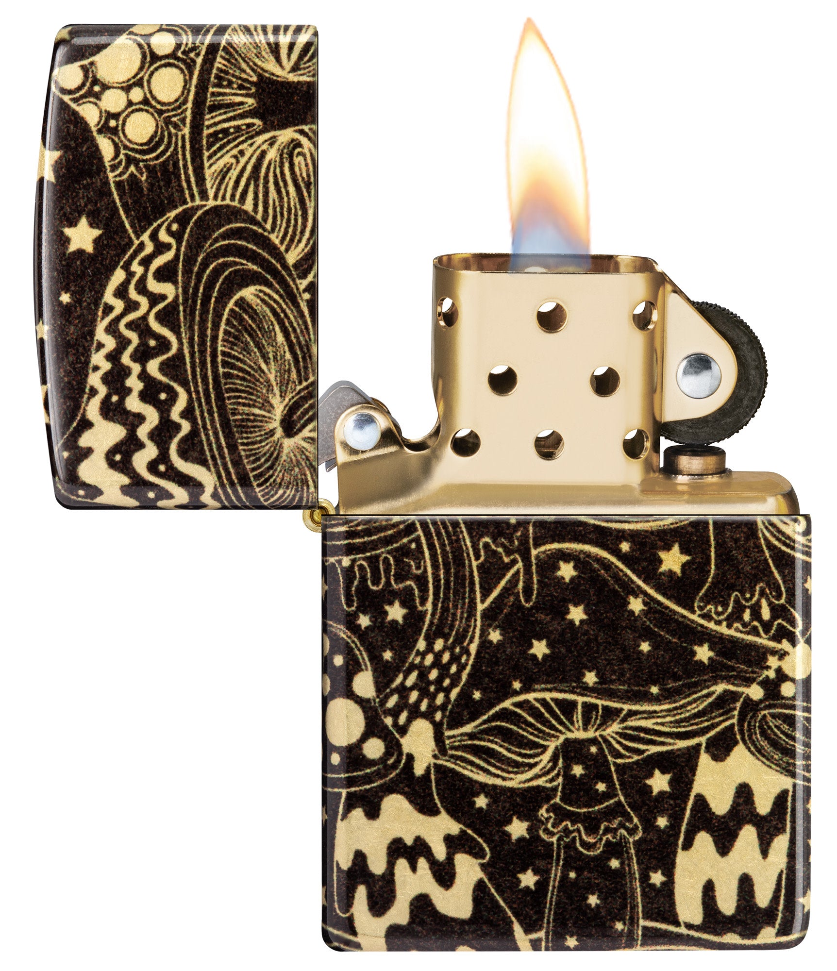 Zippo Mushroom Drift Design 540 Tumbled Brass Windproof Lighter with its lid open and lit.