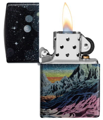 Zippo Space in Color Design 540 Tumbled Chrome Windproof Lighter with its lid open and lit.