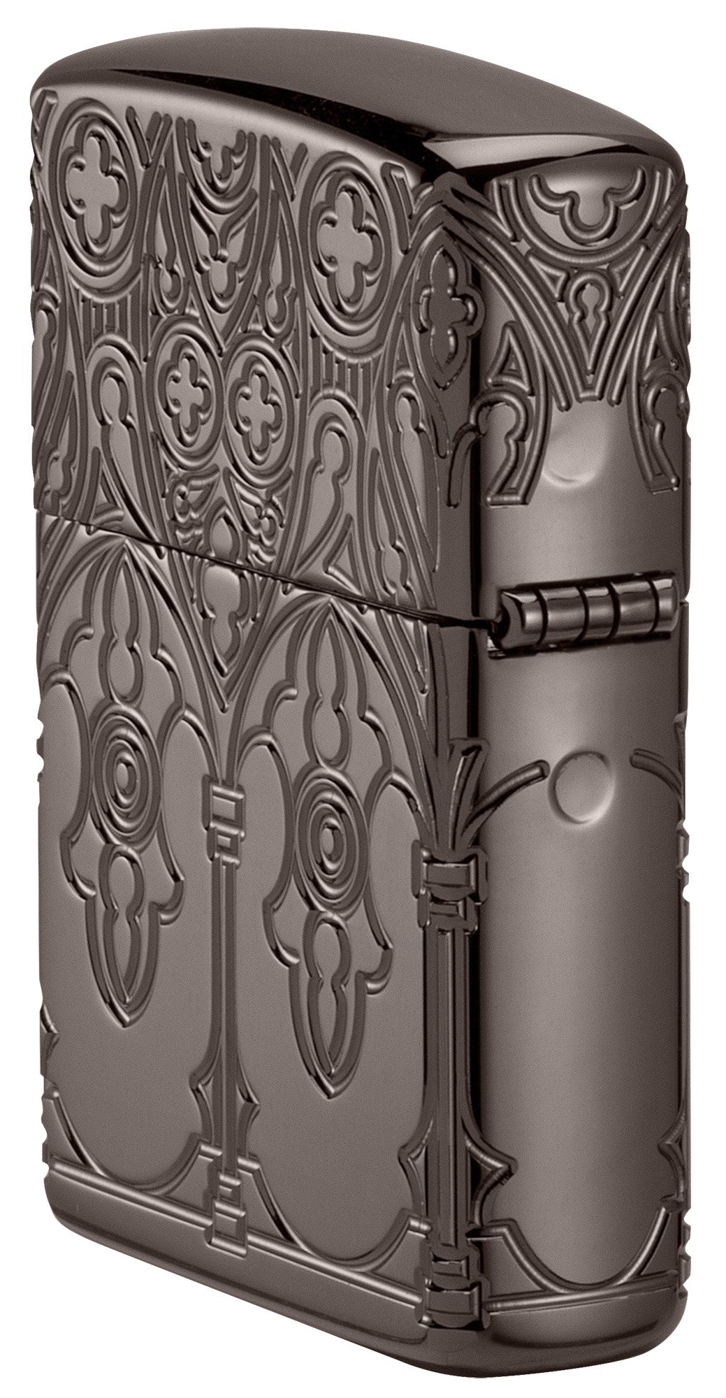 Angled shot of Zippo Gothic Window Design Armor® Black Ice® Windproof Lighter showing the back and hinge sides of the lighter.