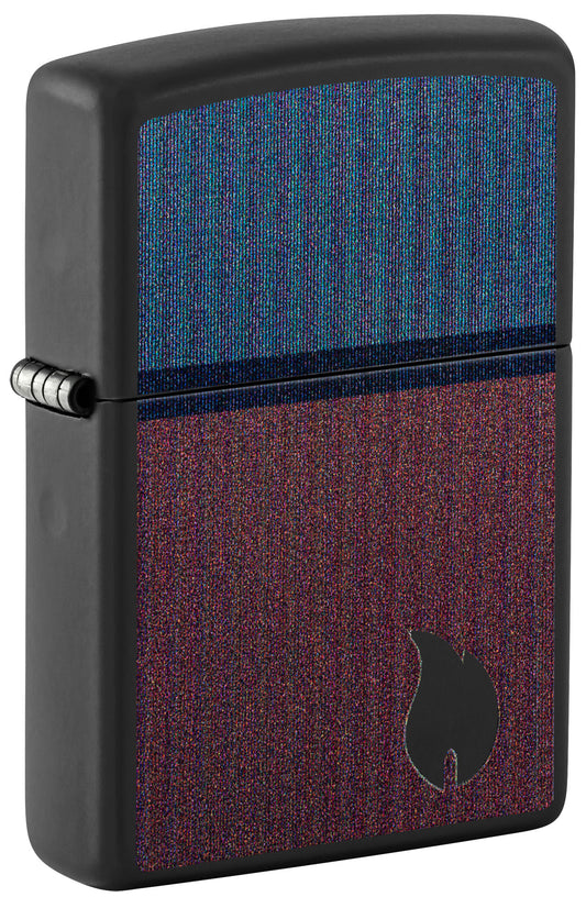 Front shot of Zippo Color Block Flame Design Black Matte Windproof Lighter standing at a 3/4 angle.