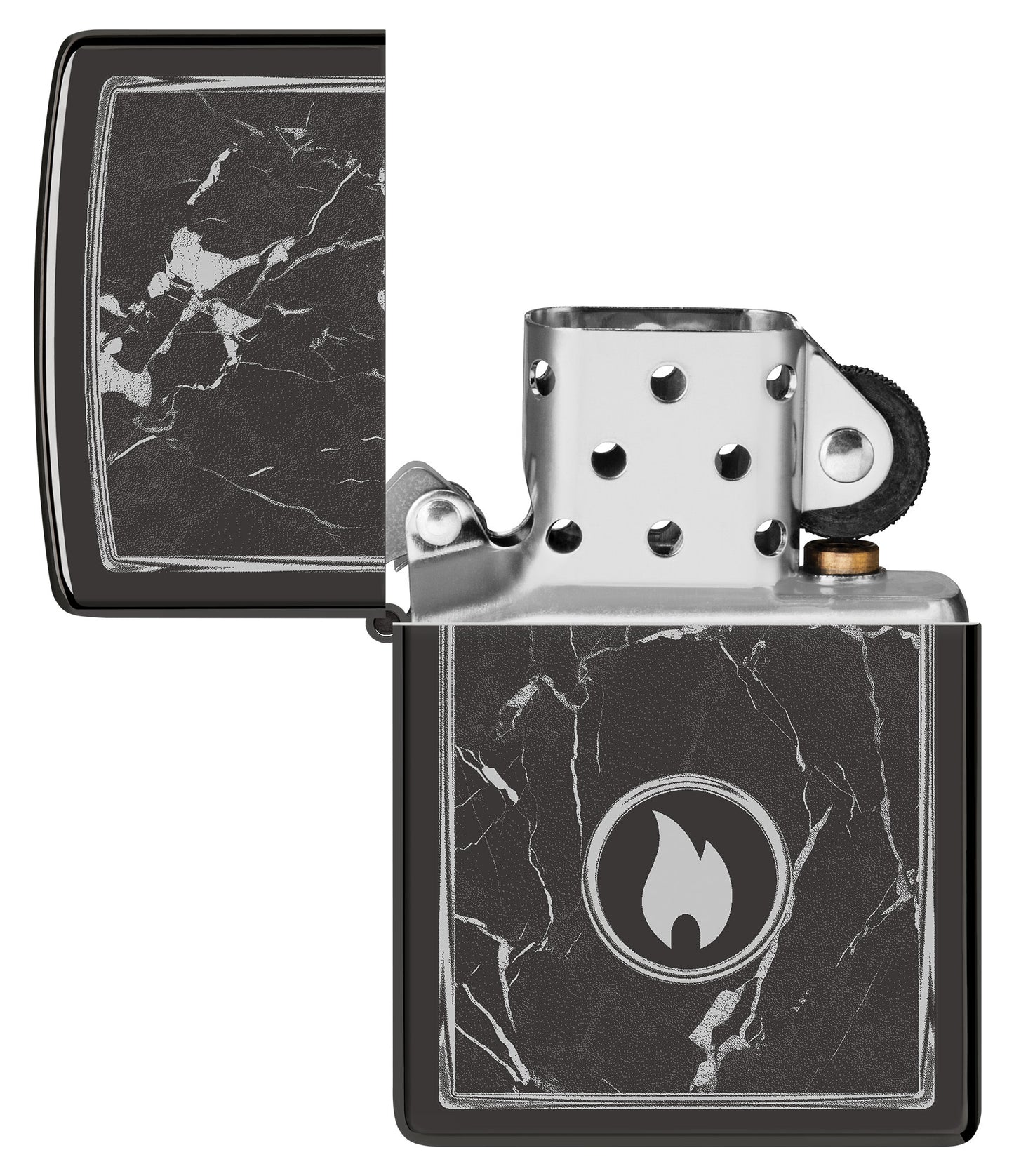 Zippo Marble Flame Design High Polish Black Windproof Lighter with its lid open and unlit.