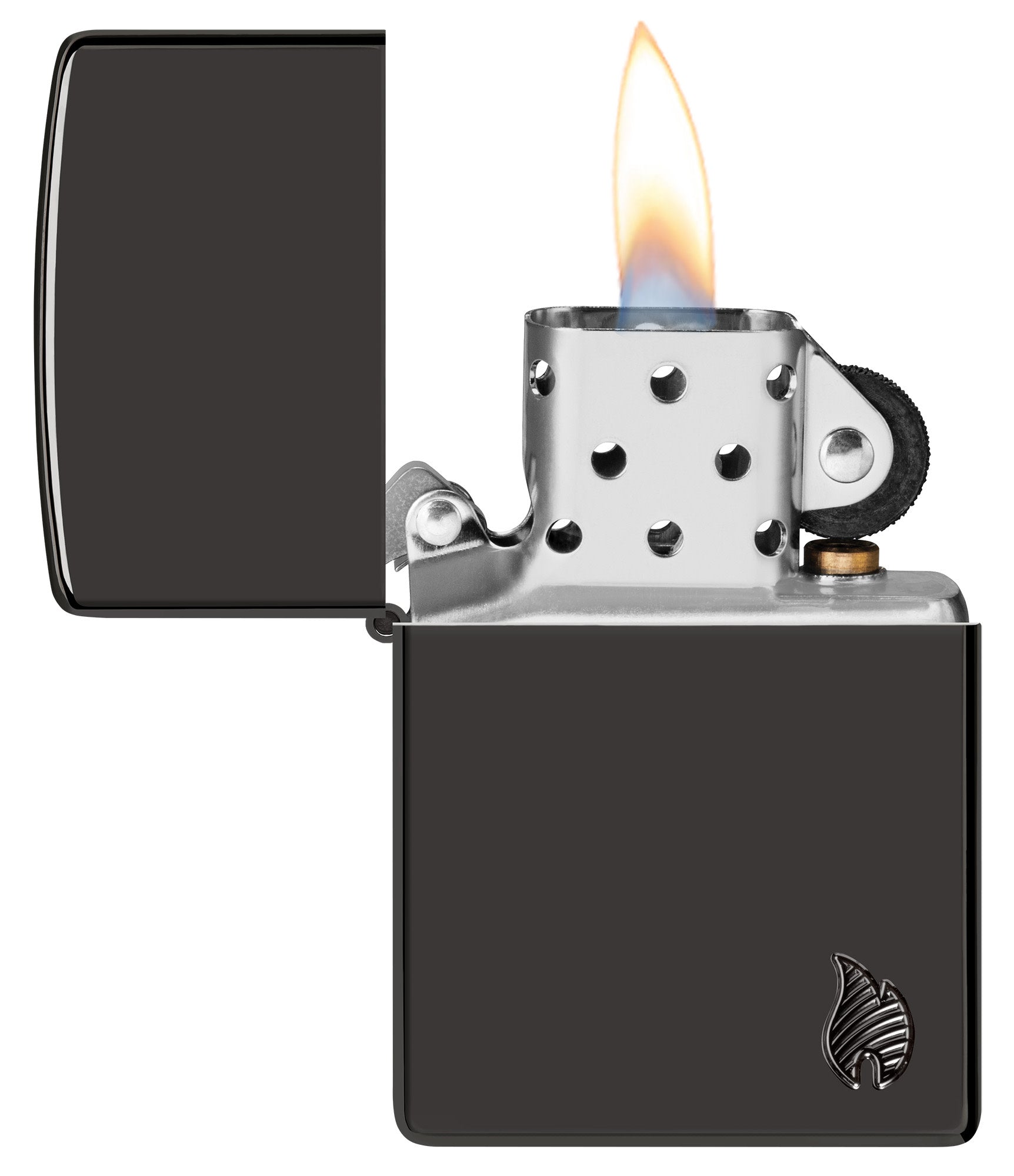 Zippo Armor Series® Flame High Polish Black Windproof Lighter with its lid open and lit.