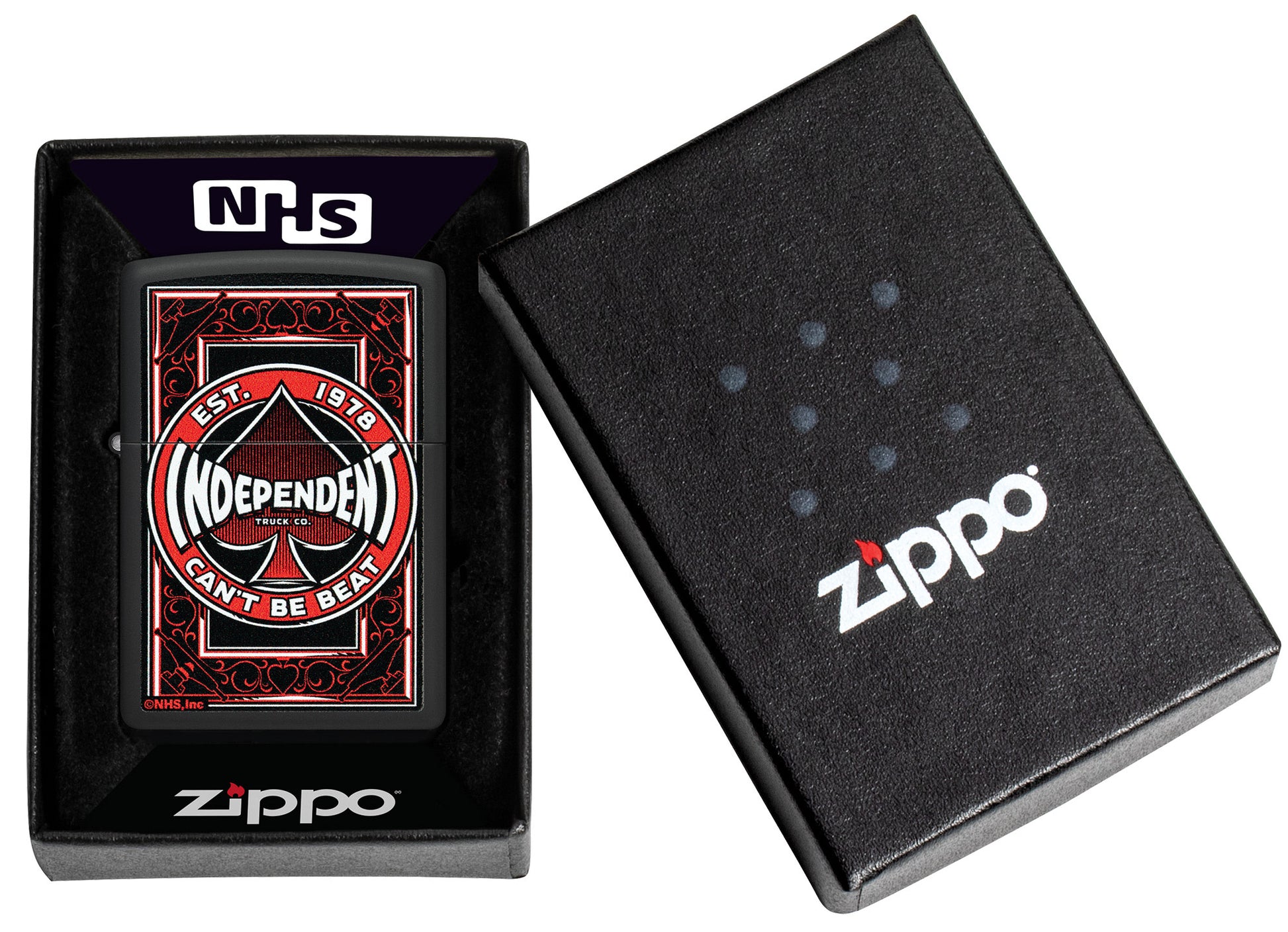 Zippo Independent Trucks Design Black Matte Windproof Lighter in its packaging.