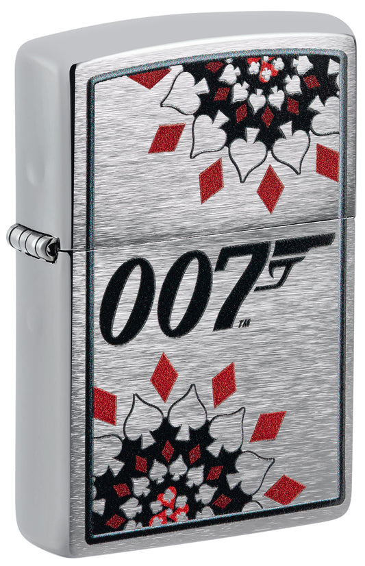 Front shot of Zippo James Bond Brushed Chrome Windproof Lighter standing at a 3/4 angle.