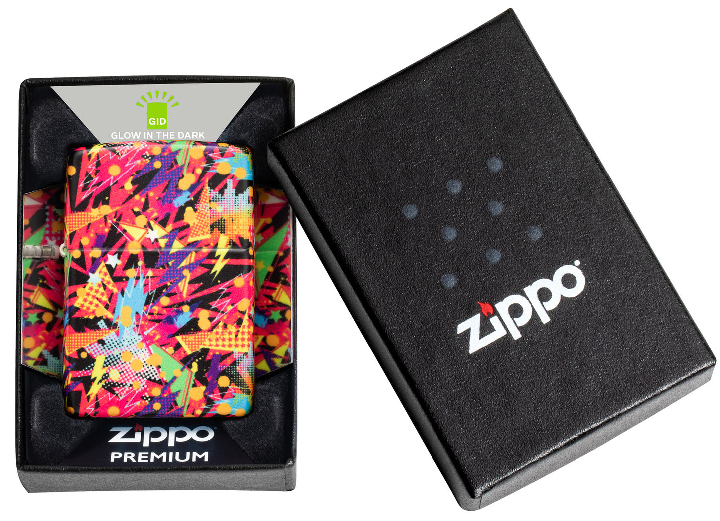 Front view of Zippo Retro Design Glow in the Dark Green Matte Windproof Lighter glowing in the dark.