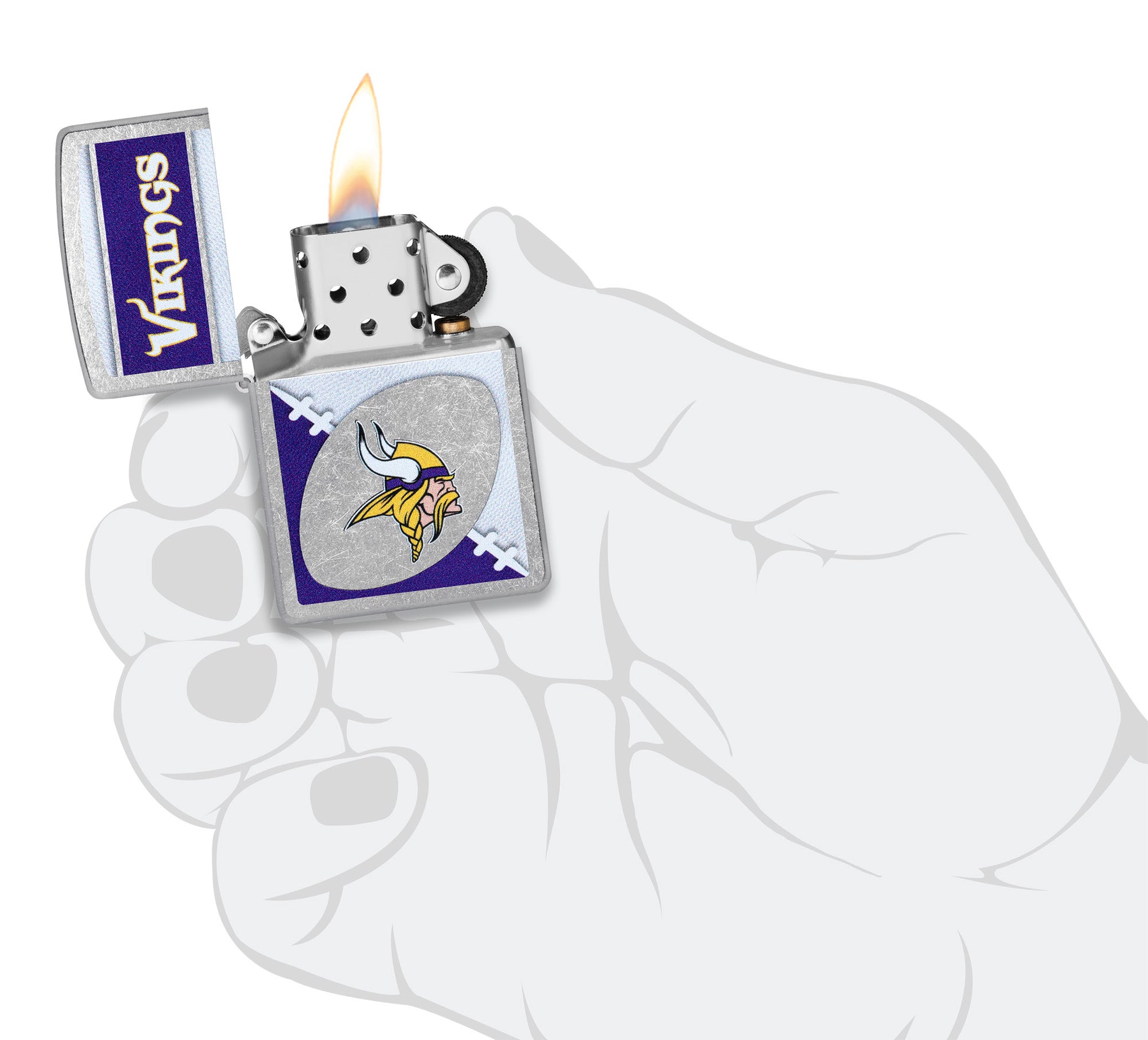 Zippo NFL Minnesota Vikings Street Chrome Windproof Lighter lit in hand.