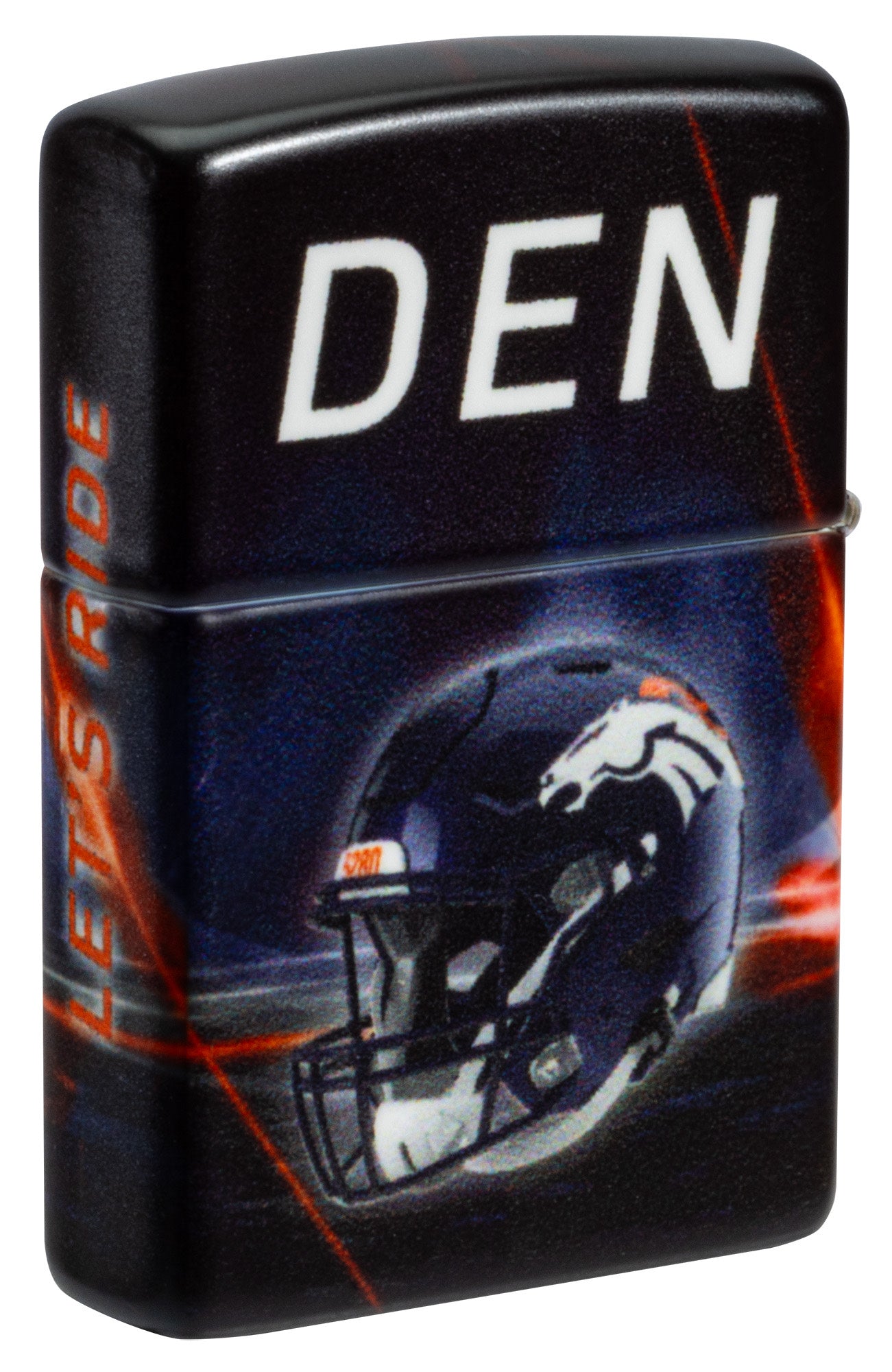 Back shot of Zippo NFL Denver Broncos 540 Matte Windproof Lighter standing at a 3/4 angle.