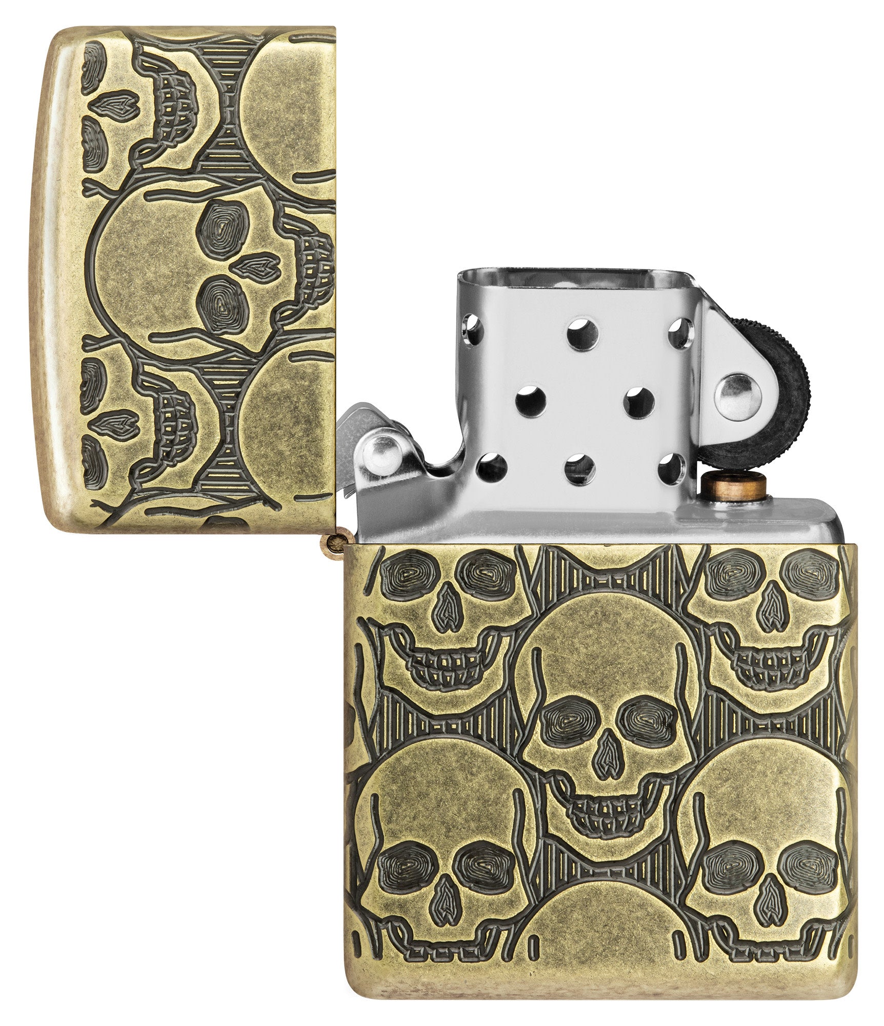 Zippo Cackling Cranium Design Armor® Antique Brass Windproof Lighter with its lid open and unlit.