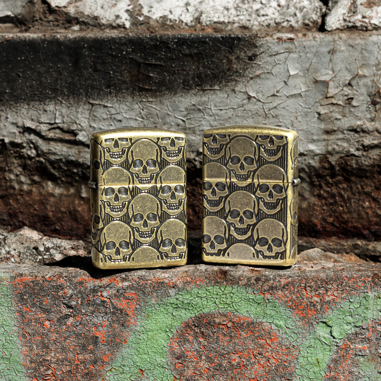 Lifestyle image of Zippo Cackling Cranium Design Armor® Antique Brass Windproof Lighter