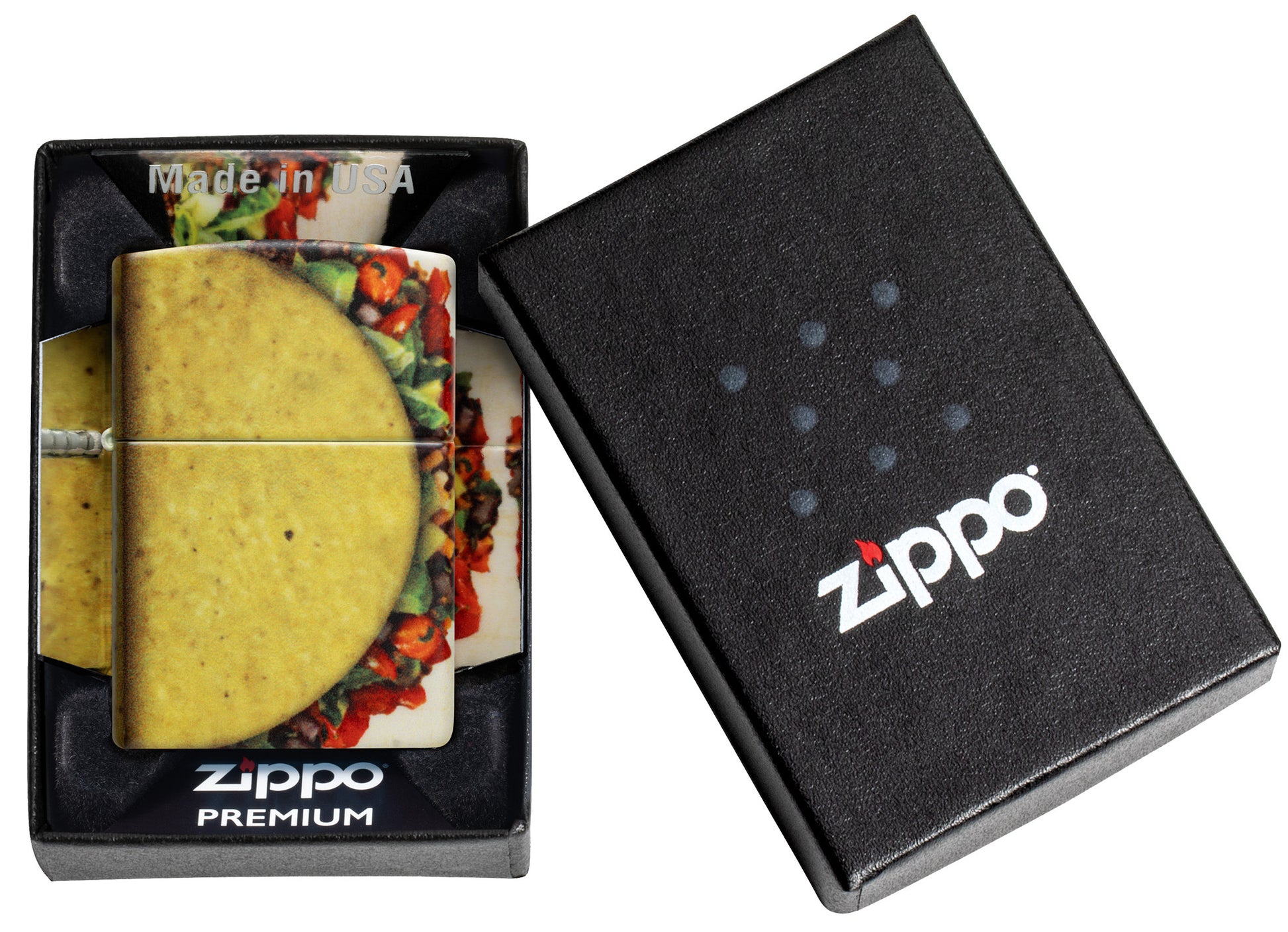 Zippo Loaded Taco Design 540 Matte Windproof Lighter in its packaging.