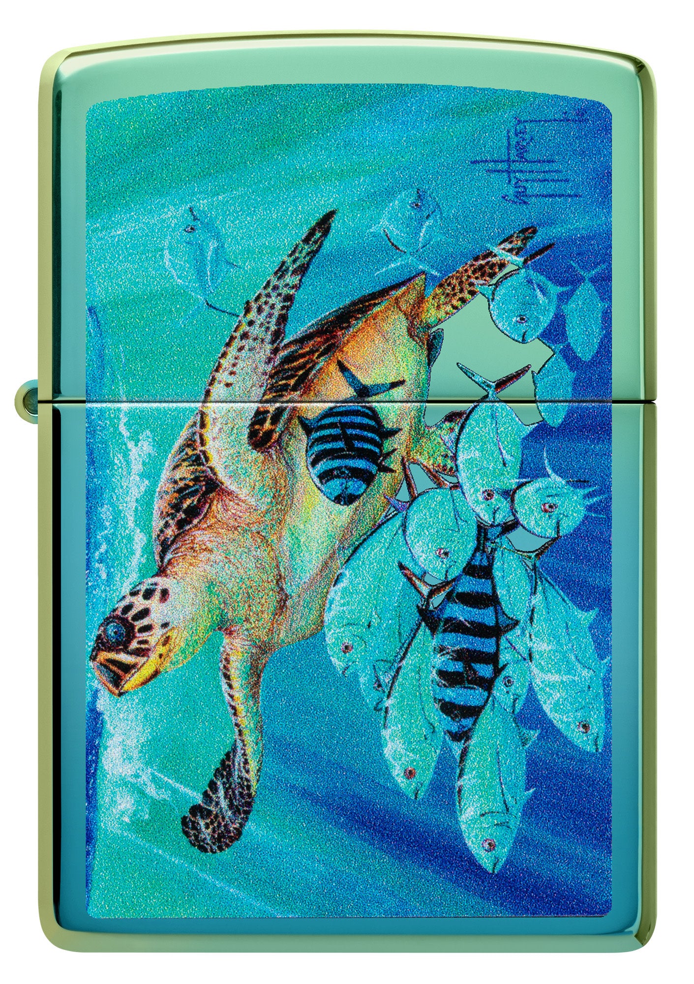 Front view of Zippo Guy Harvey High Polish Teal Windproof Lighter.