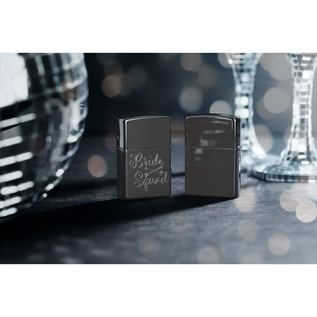 Bridesquad Design Windproof Lighter with its lid open and lit