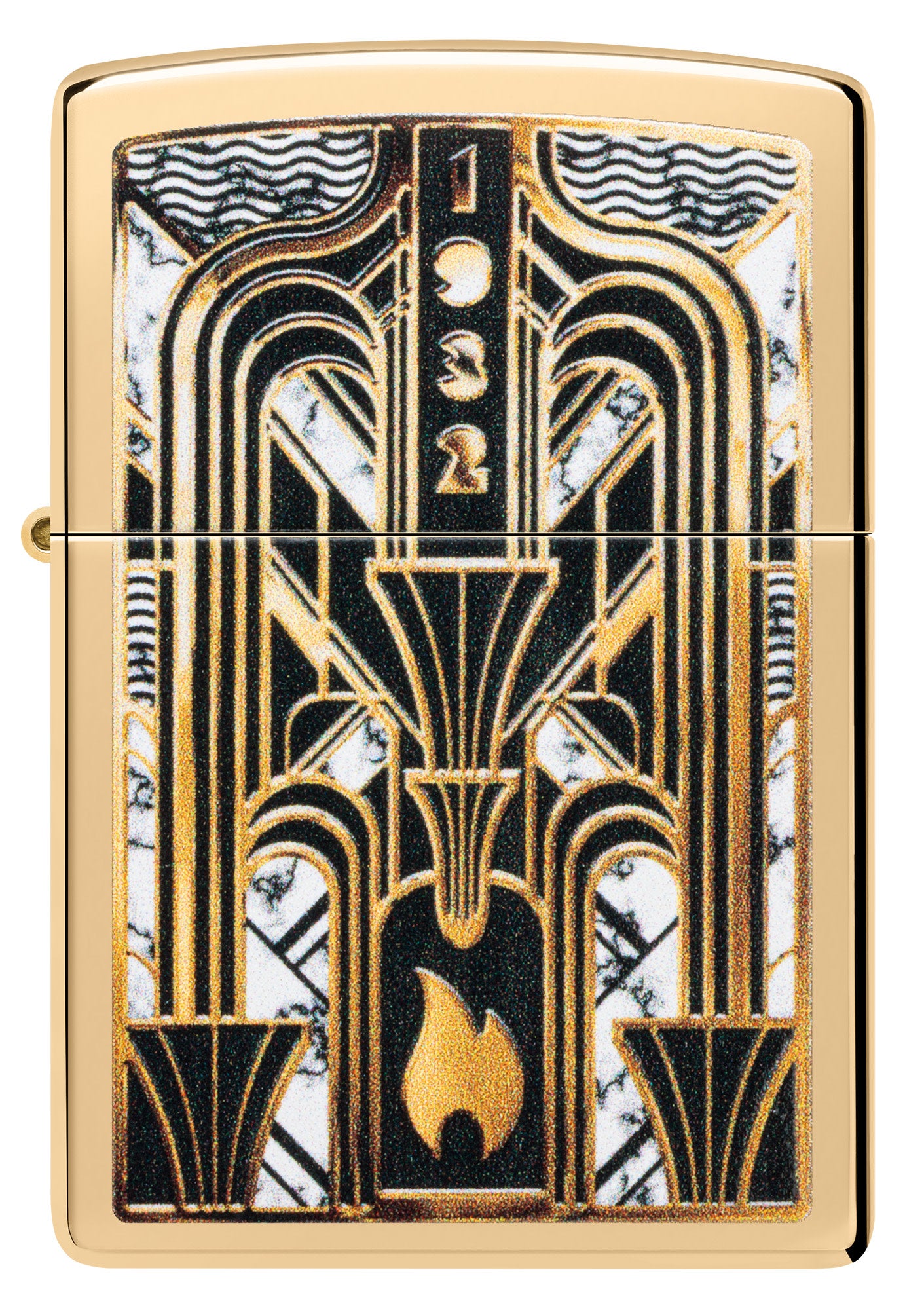 Front view of Zippo Art Deco Flame Design High Polish Brass Windproof Lighter.