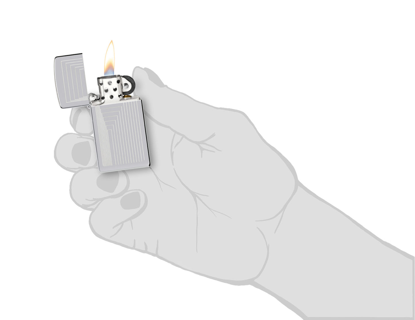 Zippo Slim® Laser Pattern Design High Polish Chrome Windproof Lighter lit in hand.