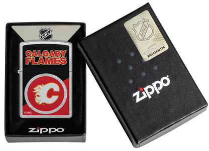 Zippo NHL® Calgary Flames® 2024 Street Chrome™ Windproof Lighter in its packaging.