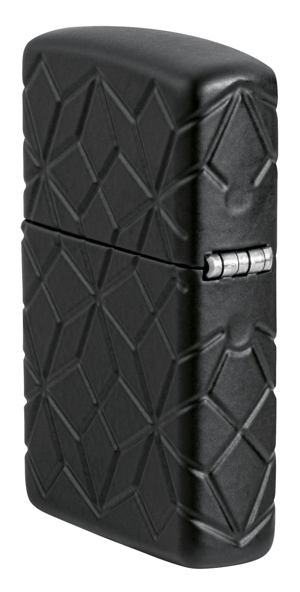 Angled shot of Zippo Crystal Design Armor® Black Matte Windproof Lighter showing the back and hinge sides of the lighter.