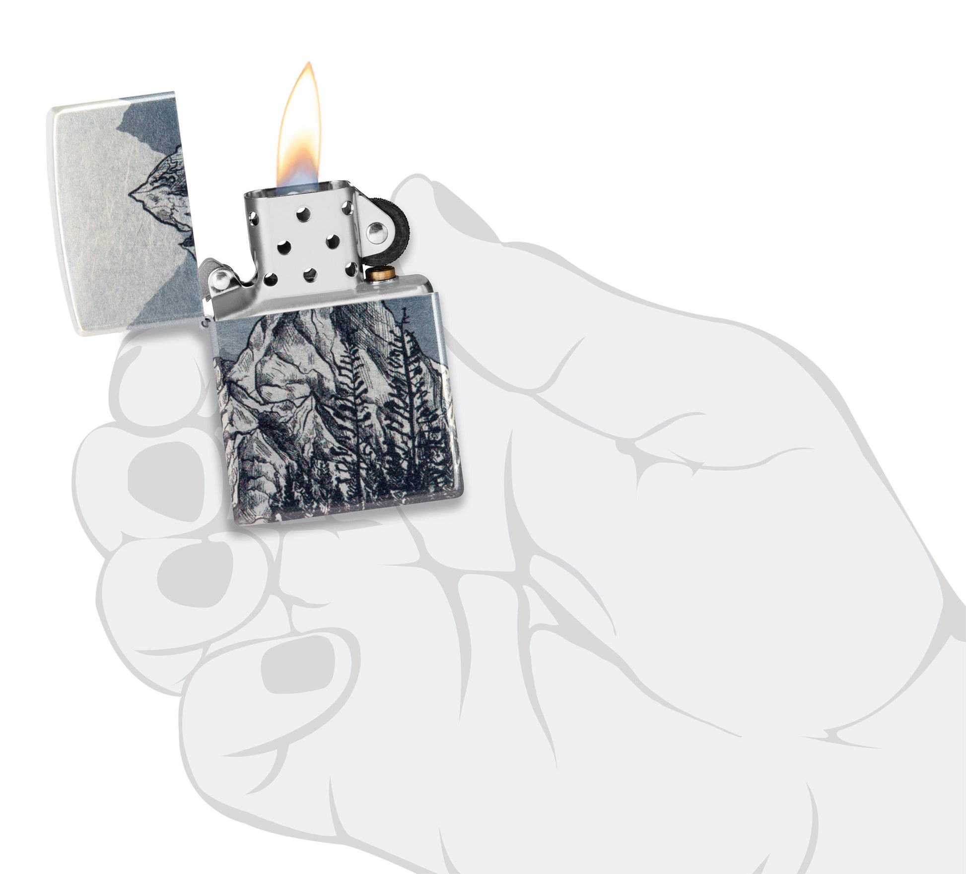 Zippo Mountain Sketch Design 540 Tumbled Chrome Windproof Lighter lit in hand.