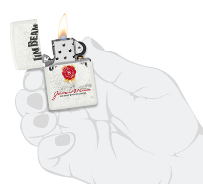 Zippo Jim Beam® Rosette Design White Matte Windproof Lighter lit in hand.