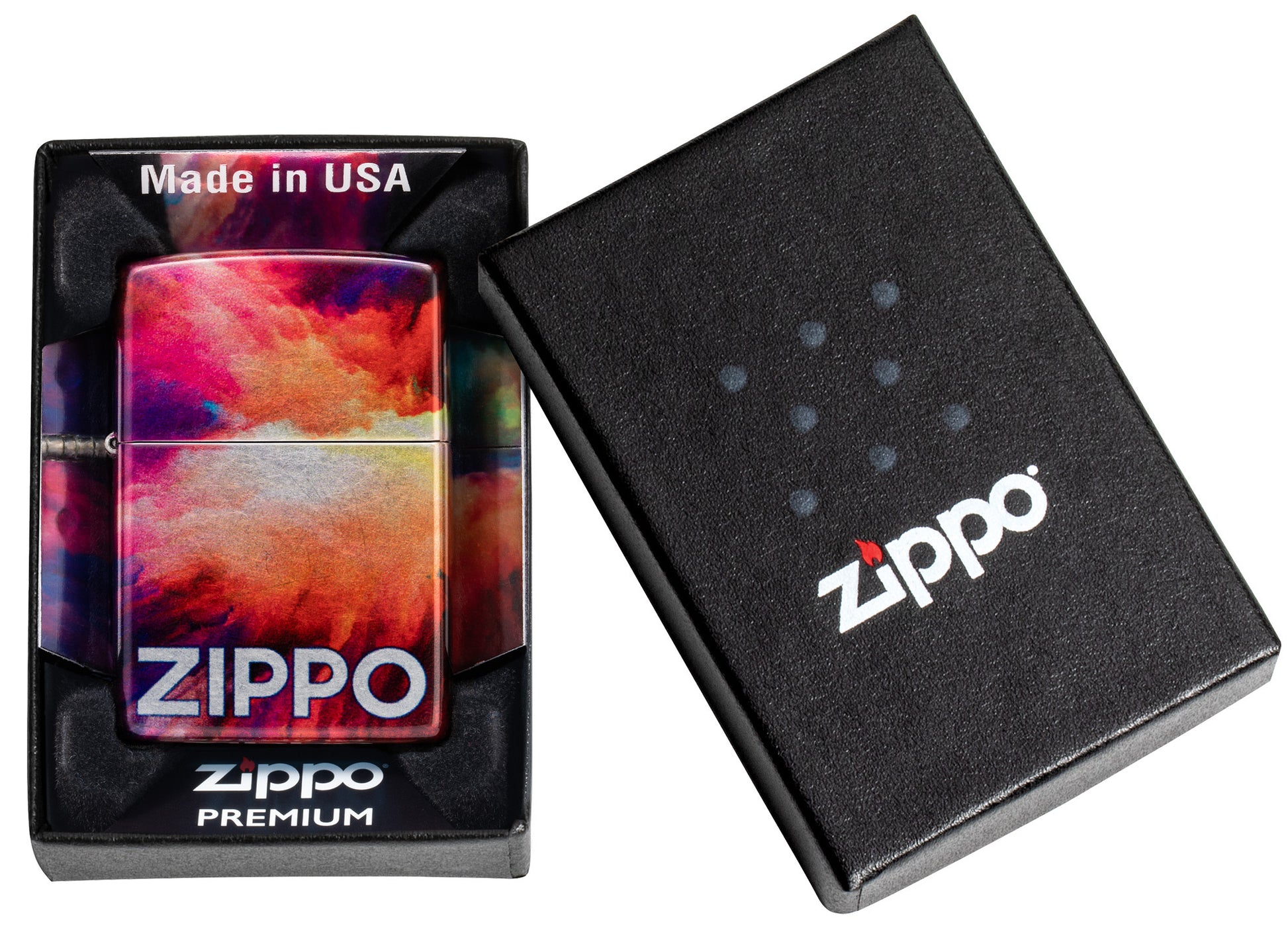 Zippo Tie Dye Design 540 Tumbled Chrome Windproof Lighter in its packaging.