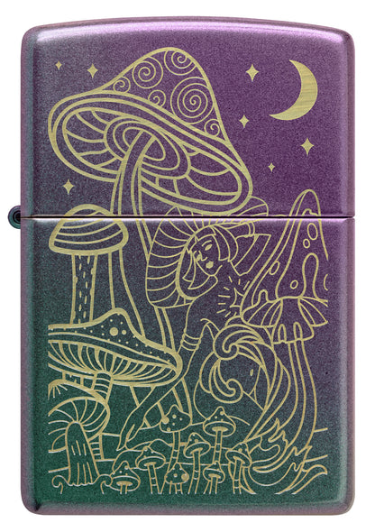 Front shot of Zippo Laser Mushrooms Design Iridescent Windproof Lighter.