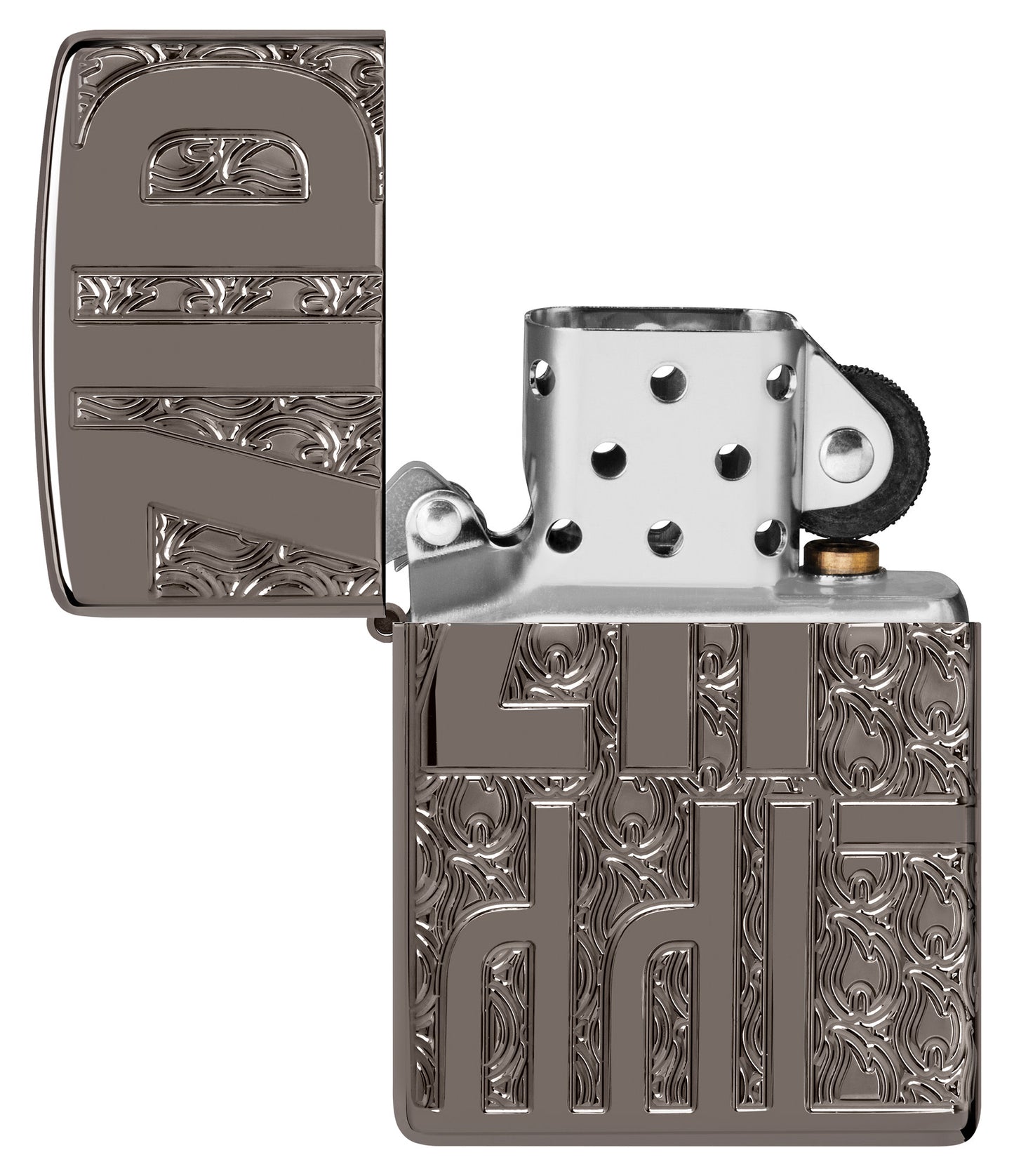 Zippo Reverse Carve Zippo Design Armor® Black Ice® Windproof Lighter with its lid open and unlit.