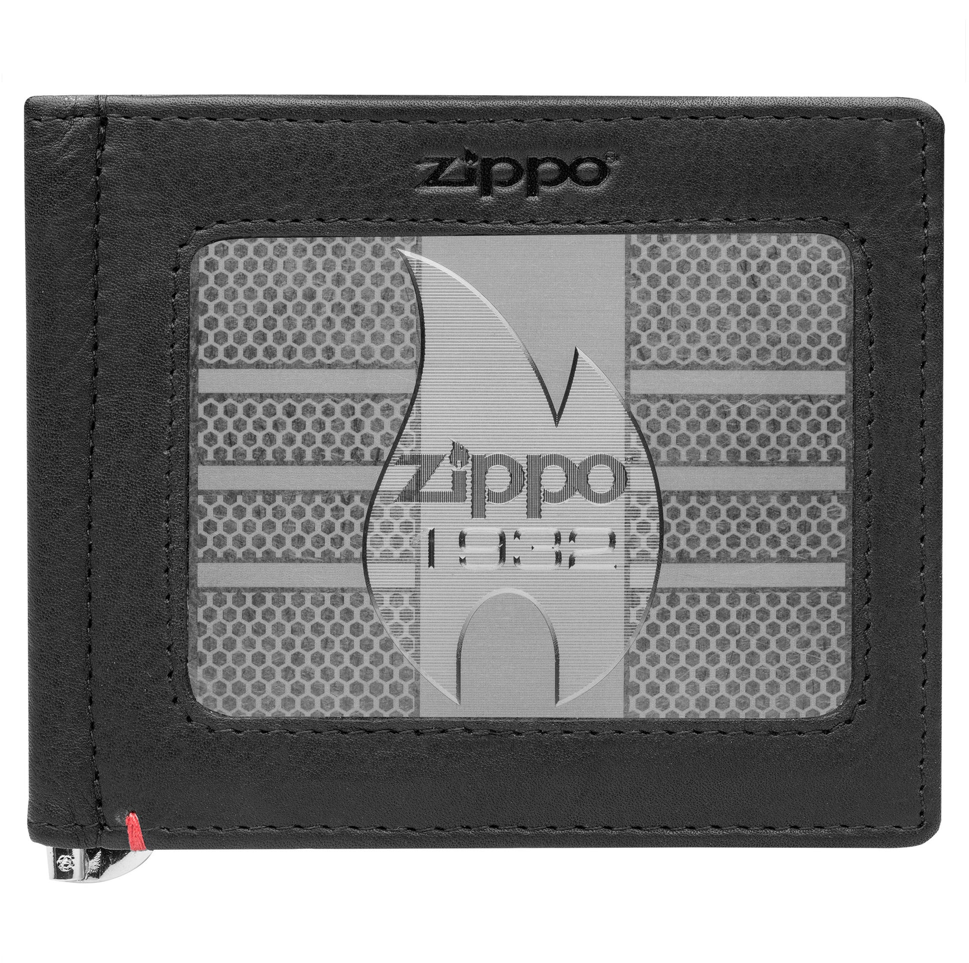 Front of black Leather Wallet With Zippo 1932 Metal Plate Design - ID Window