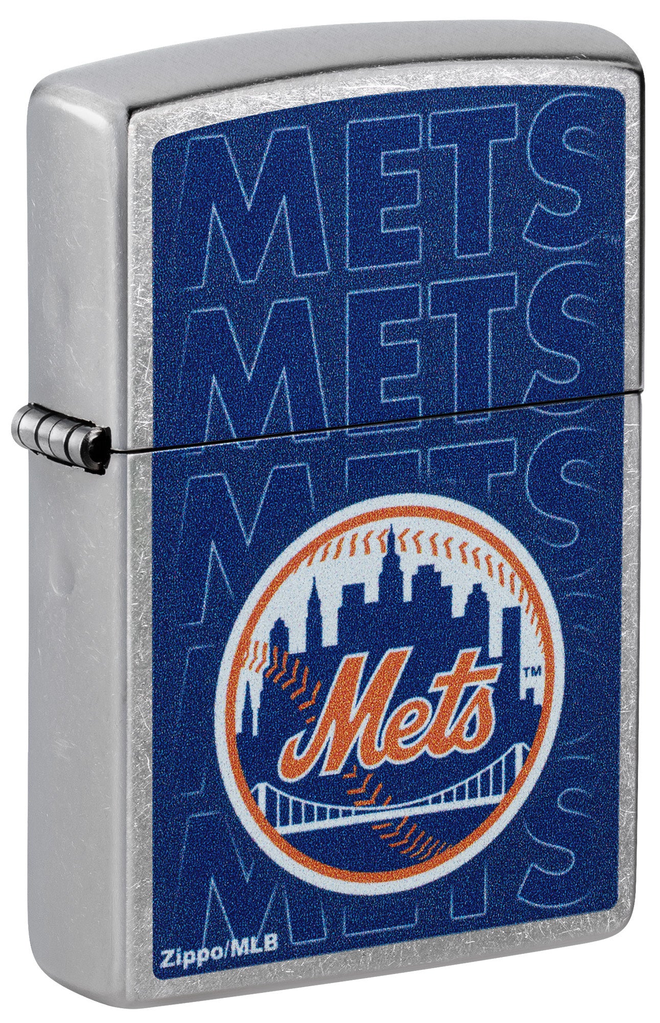 Front shot of Zippo MLB® New York Mets Street Chrome Windproof Lighter standing at a 3/4 angle.