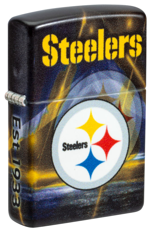 Front shot of Zippo NFL Pittsburgh Steelers 540 Matte Windproof Lighter standing at a 3/4 angle.