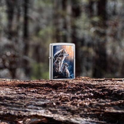 Lifestyle image of Zippo Mazzi® Wolf Pack Design Street Chrome Windproof Lighter standing on a tree trunk with the forest as the background, showing the front of the lighter. 

