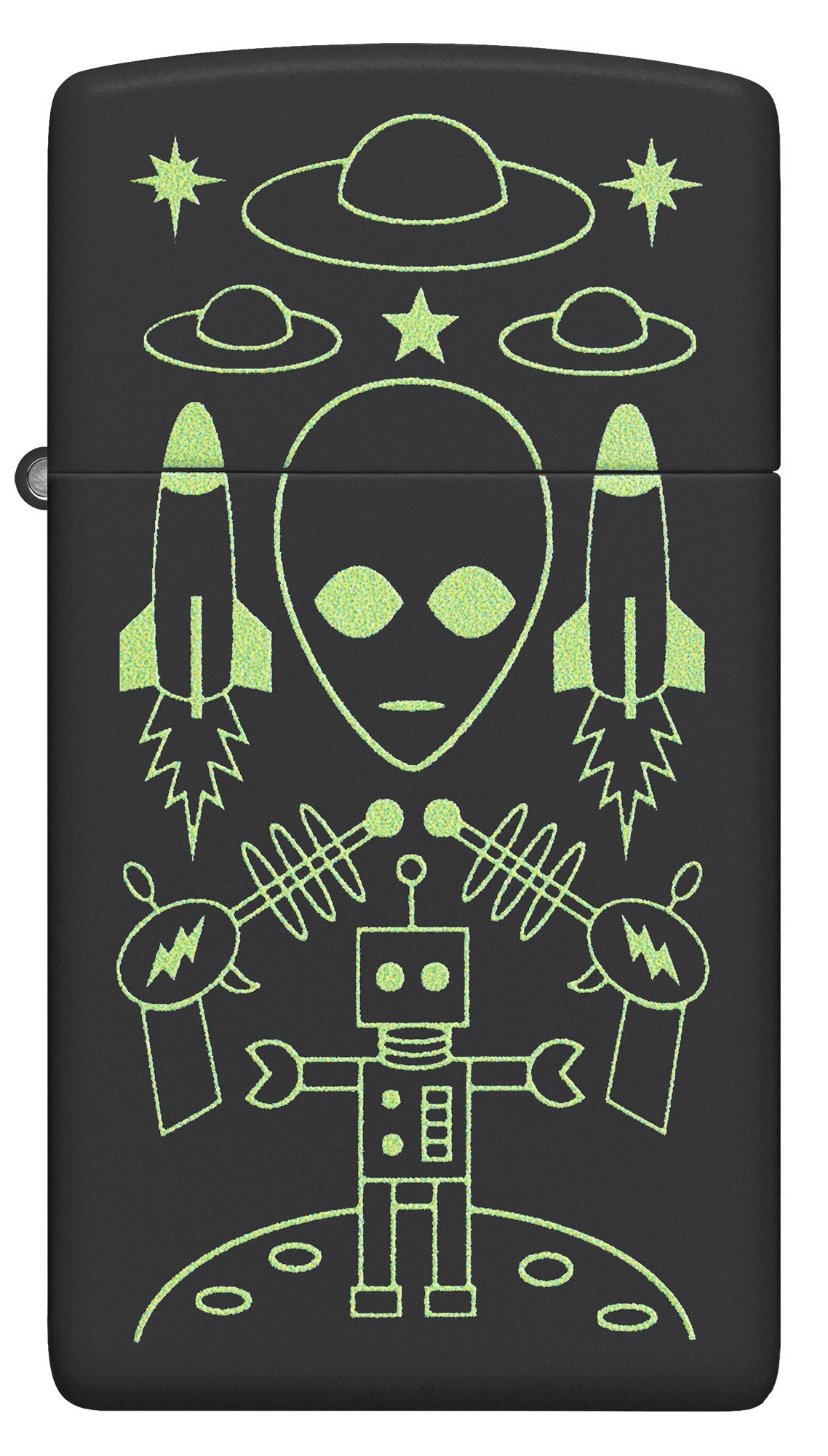 Front view of Zippo Alien Invasion Design Slim® Black Matte Windproof Lighter.