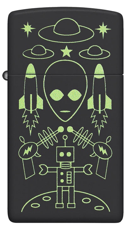 Front view of Zippo Alien Invasion Design Slim® Black Matte Windproof Lighter.