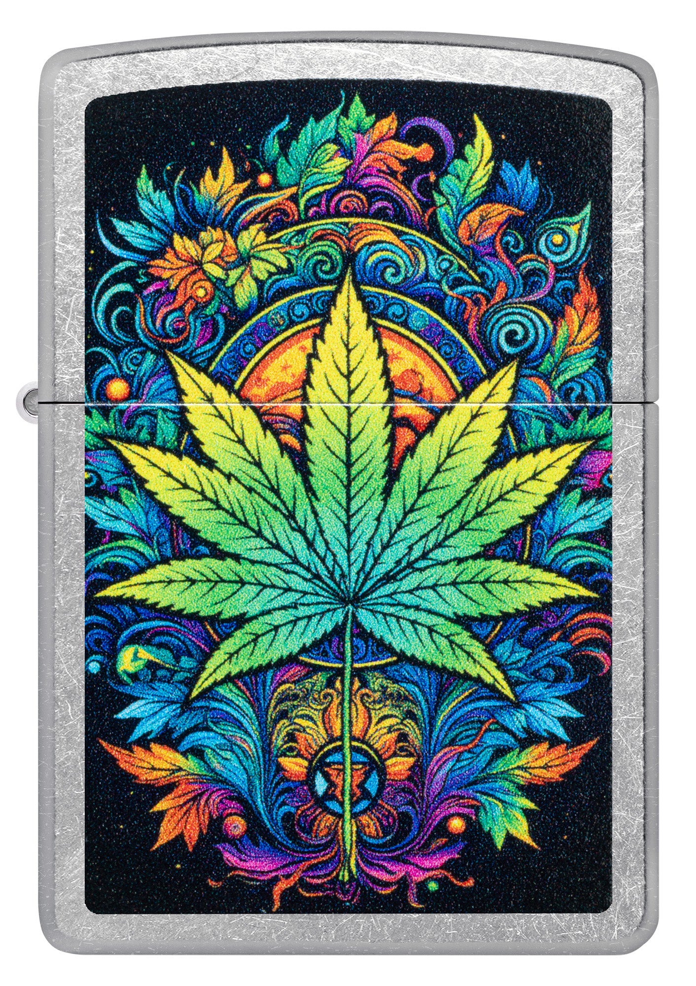 Front view of Zippo Captivating Cannabis Design Street Chrome Windproof Lighter.