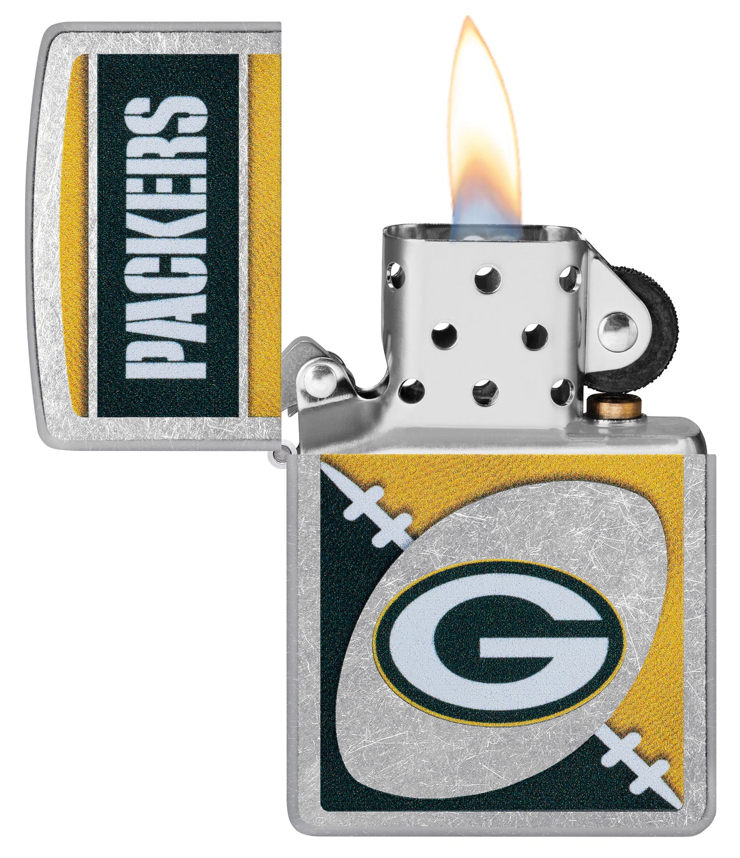 Zippo NFL Green Bay Packers Street Chrome Windproof Lighter with its lid open and lit.