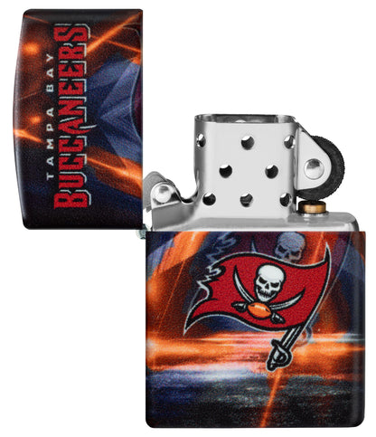 Zippo NFL Tampa Bay Buccaneers 540 Matte Windproof Lighter with its lid open and unlit.