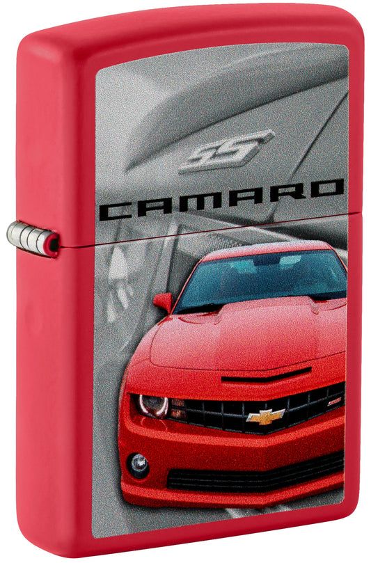 Front shot of Zippo Chevrolet® Camaro Design Red Matte Windproof Lighter standing at a 3/4 angle.