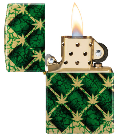 Zippo Argyle Leaf Design 540 Tumbled Brass Windproof Lighter with its lid open and lit.