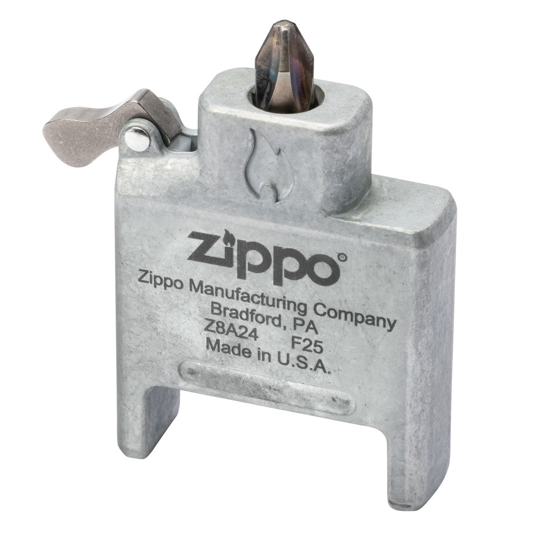 Zippo Bit Safe USA 4-in-1 Screwdriver Lighter Insert standing at a 3/4 angle with the Phillips head.