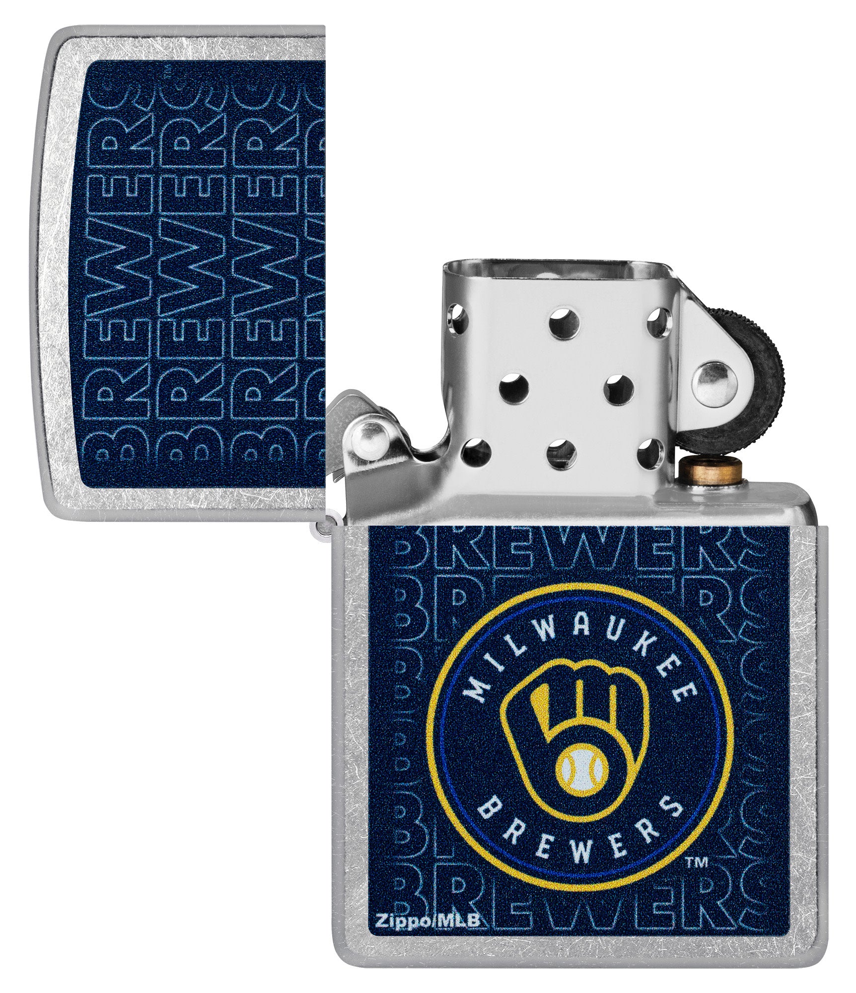 Zippo MLB® Milwaukee Brewers Street Chrome Windproof Lighter with its lid open and unlit.