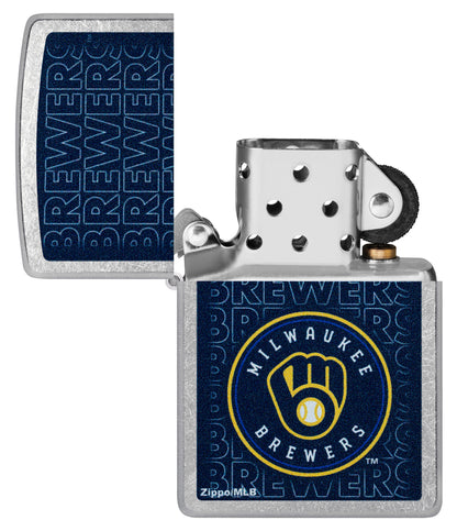 Zippo MLB® Milwaukee Brewers Street Chrome Windproof Lighter with its lid open and unlit.