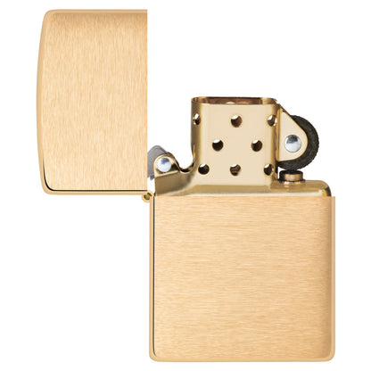 Armor® Brushed Brass Windproof Lighter with its lid open and unlit.