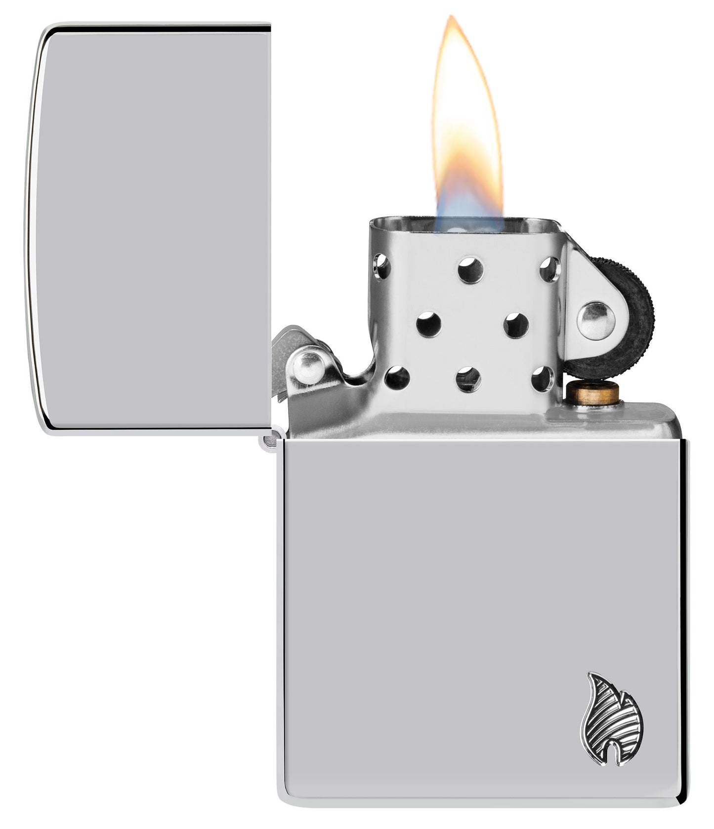 Zippo Armor® Series Flame High Polish Chrome Windproof Lighter with its lid open and lit.