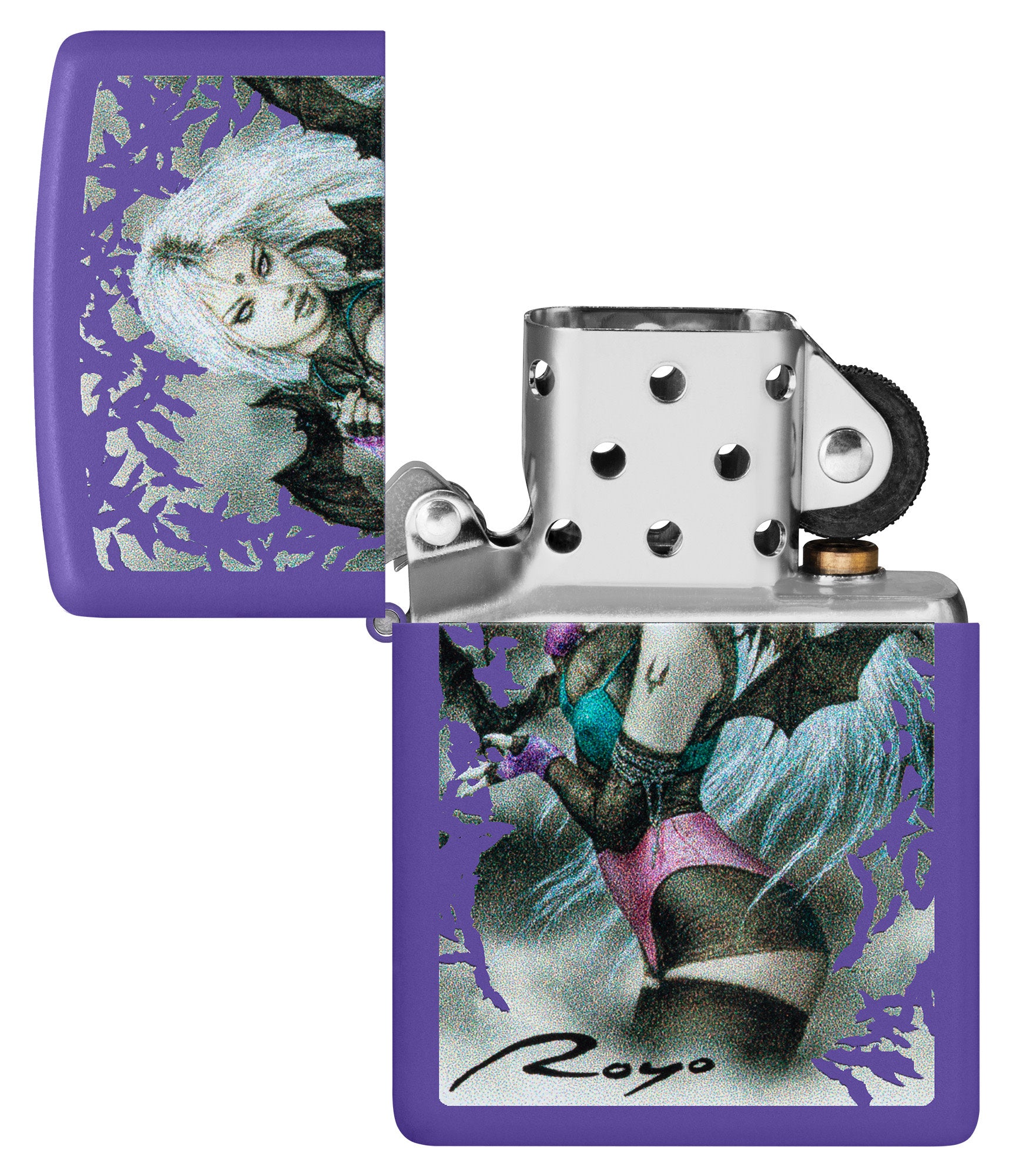 Zippo Luis Royo Purple Matte Windproof Lighter with its lid open and unlit.